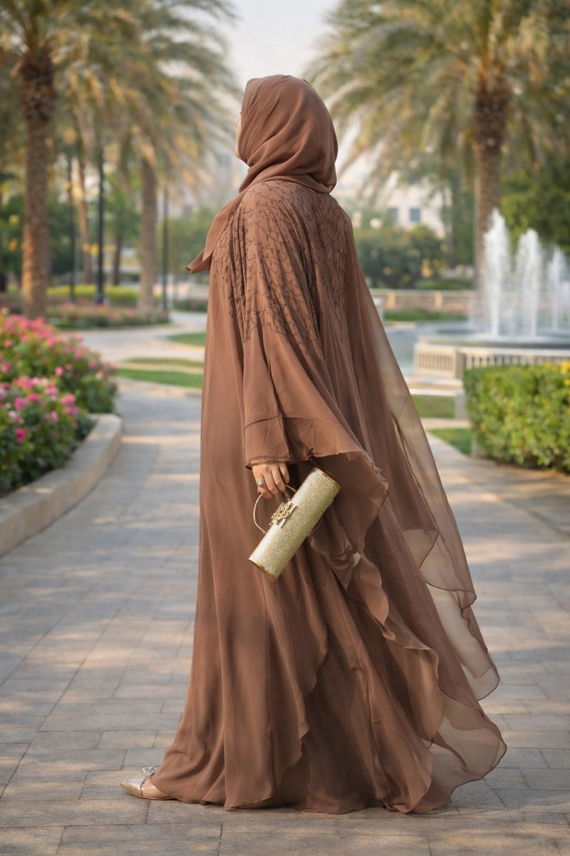 Yuyina MADE IN UAE Women's Butterfly Style Dual Layer Closed Abaya with Vine Leaf Rhinestone Work & Matching Head Scarf| Light Cinnamon