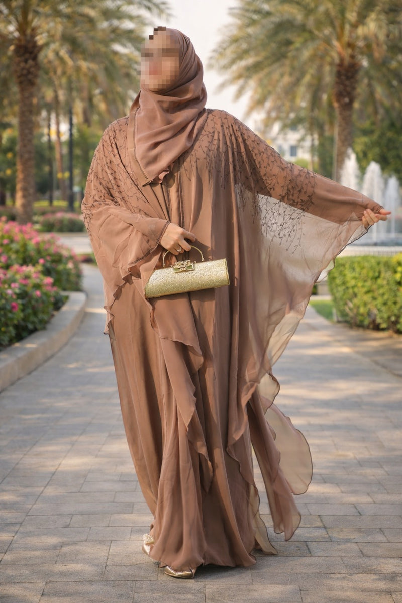 Yuyina MADE IN UAE Women's Butterfly Style Dual Layer Closed Abaya with Vine Leaf Rhinestone Work & Matching Head Scarf| Light Cinnamon