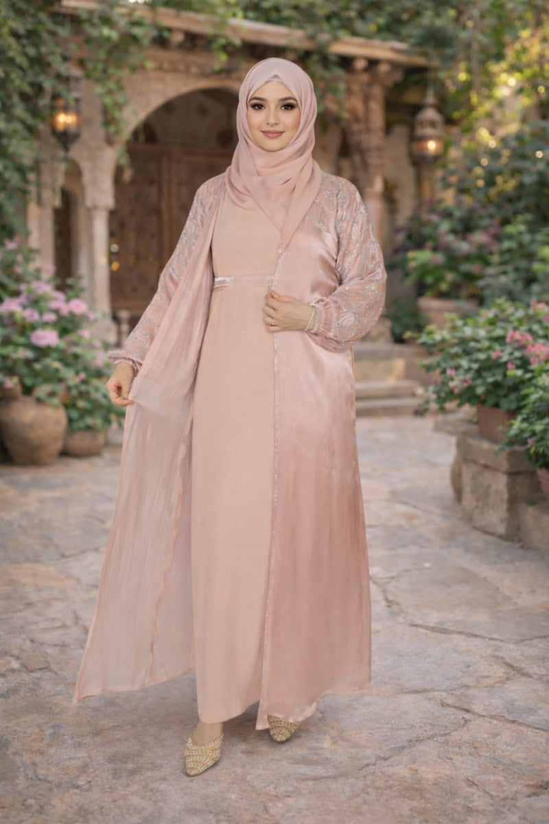 Yuyina MADE IN UAE Women's Stylish Dual Layer Abaya with Separate Shrug Silver Stone Work Peasant Sleeves Inner Gown Hijab & Belt for Party Wear| Melon Pink