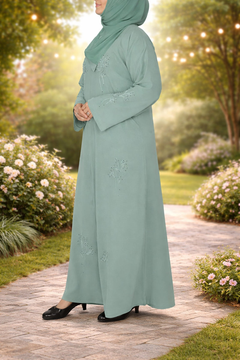 Yuyina MADE IN UAE Women's Elegant Closed Printed Abaya with Hand-Stitched Embroidery & Black Stone Work with Matching Hijab for Party Wear| Viridian Green